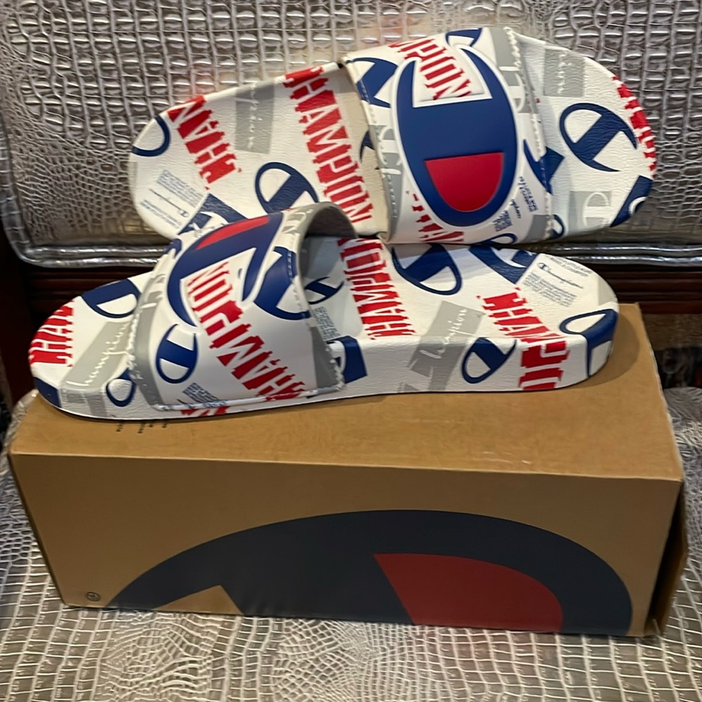 Champion White Slides with Red and Blue Logo Print